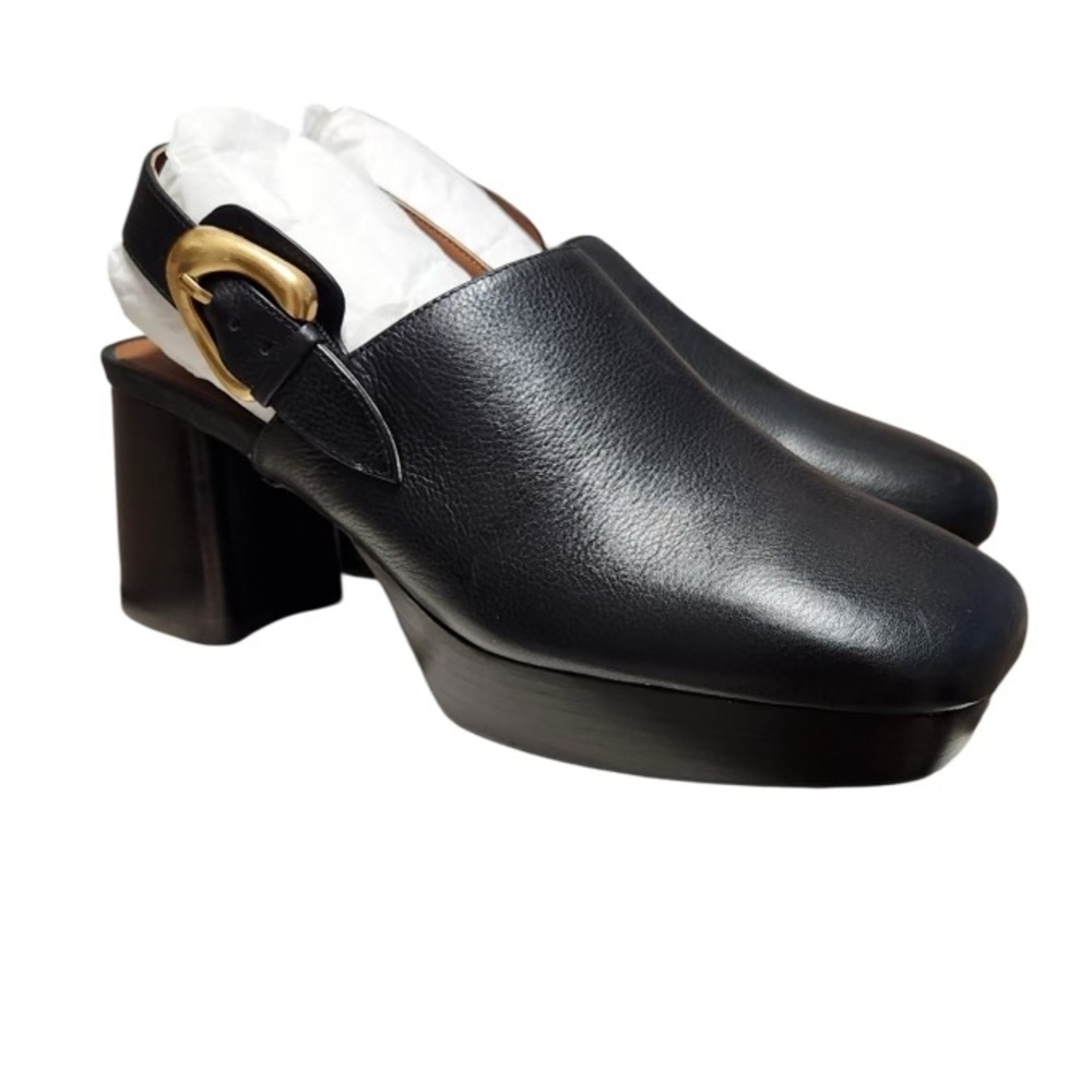 AEROSOLES Black Leather Platform Mules Clogs with Gold Buckle